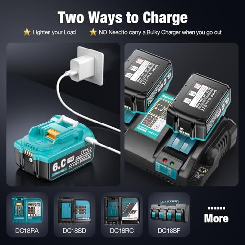 usb-c charging 18v 60ah replace for makita 18v battery compatible with makita 18 volt lithium battery bl1850 bl1840 bl1830 bl1860 with type-c inputoutput port 2pack