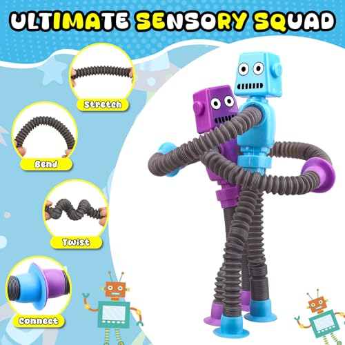 Image of Dilabnba 12 PCS Suction Cup Fidget Pop Tube Robot Sensory Toys - Transformable Telescopic Tube, Travel Toys for Kids Toddlers Stocking Stuffer Gift