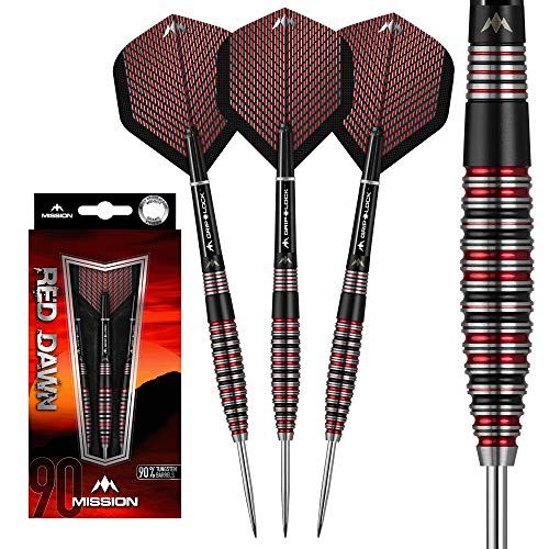Mission Darts Red Dawn | Premium 90% Tungsten Barrel Steel Tip Dart Set with Flights, Mission Griplock Stems and Case, 25g, M3, Red/Black (D1538)