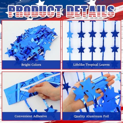 Image of Tingjoo 3 Pack 4th of July Decorations 3.3 x 6.6 ft Patriotic Star Streamers Red Blue and Silver Tinsel Foil Fringe Curtains Decorations Backdrop for Independence Day America Memorial Day Labor