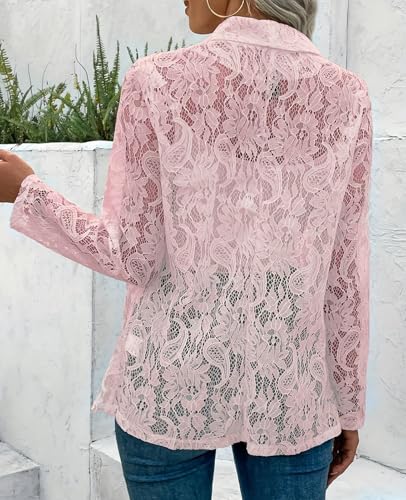 Womens Lace Blazer Jackets Open Front 3/4 Sleeve Button Sheer Mesh Blazer Elegant Casual Blazers Jacket2