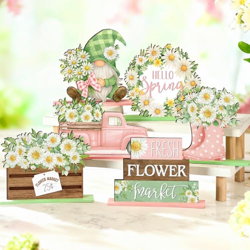 Image of Yuntau 6 Pcs Spring Daisy Table Decorations Spring Table Centerpiece Tiered Tray Decor Farmhouse Daisy Floral Gnome Wreath Tabletop Sign for Office Home Desk Shelf