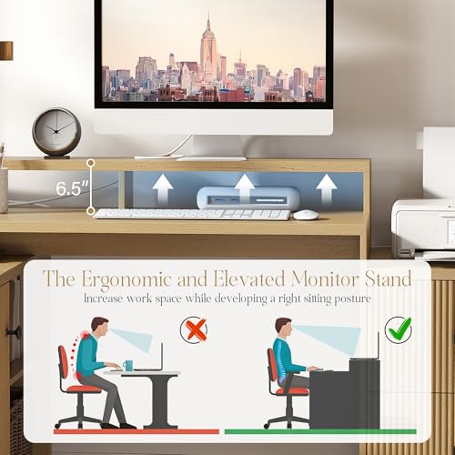 Image of 67 inch L Shaped Executive Desk with Drawers & Storage Shelf, Corner Computer Desk with Power Outlets, Home Office Desk with Monitor Stand, Printer Shelf, Computer Writing Desk for Work, Oak