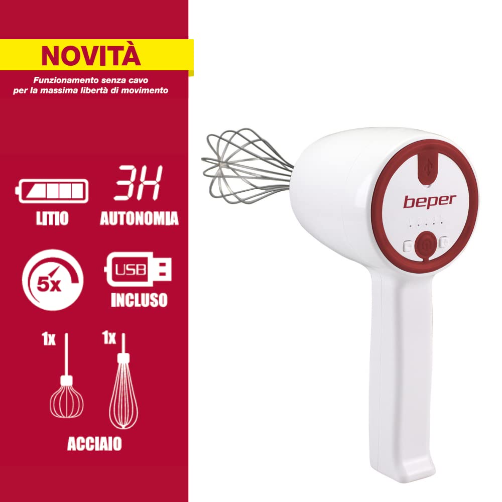 BEPER P102SBA007 Sbattitore ricaricabile senza filo, Impastatore ricaricabile, 20W, 2 Fruste in Acciaio inossidabile, 5 Velocità, Unico Tasto Funzionamento, Cavo USB incluso, Rosso/Bianco