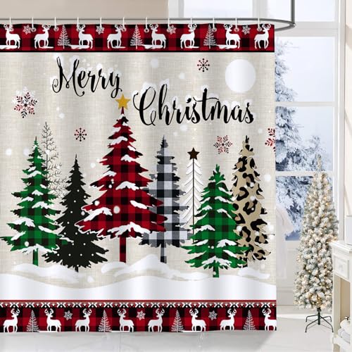 Bonhause Christmas Tree Shower Curtain Buffalo Check Plaid Xmas Tree Winter Farmhouse Bathroom Curtain 180 x 180 cm Waterproof Mildew & Mould Resistant Polyester Fabric Bath Curtain with 12 Hooks