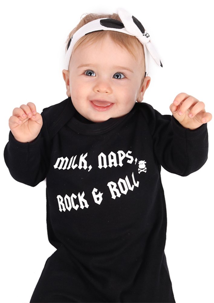 Baby Moo'sROCK Baby Sleepsuit for Boys or Girls | Cool MILK, NAPS, ROCK & ROLL Romper Outfit - Unique Heavy Metal New Baby or Parents Gift UK