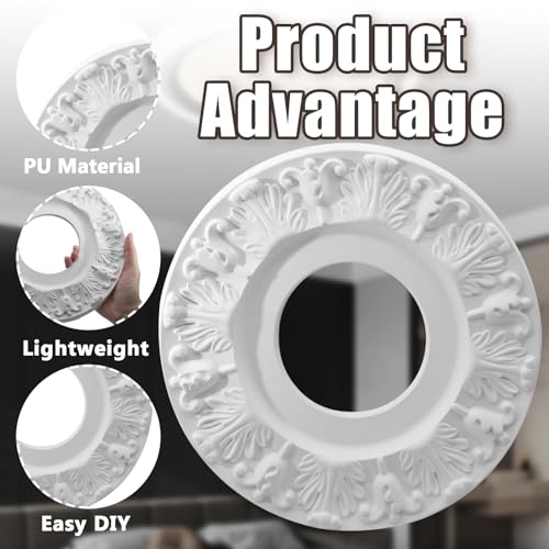 Image of Uenhoy 2 Pcs Lighting Ceiling Medallions for Light Fixtures and Ceiling Fans, 10 inch OD White Carved Flower Ceiling Cover Plate, PU Ceiling Fan Medallion 10 inch OD x 4 inch ID