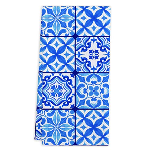 Qiyuhoy Abstract Bohemian Navy Blue Moroccan Tile Kitchen Towels Or Tea Towels, 16 X 24 Inches Cotton Modern Dish Towels Dishcloths, Dish Cloth Flour Sack Hand Towel For Farmhouse Kitchen Decor #TOP28
