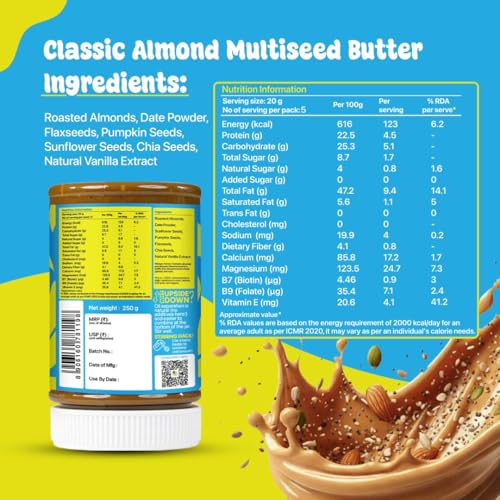 Image of Asmita Organic Farms Classic Creamy Almond Butter 250g | High Protein Spread | Made with 4 Super Multi-Seeds & Premium Almonds | Zero Palm Oil & Gluten-Free | Great for Spreads, Smoothies, Baking