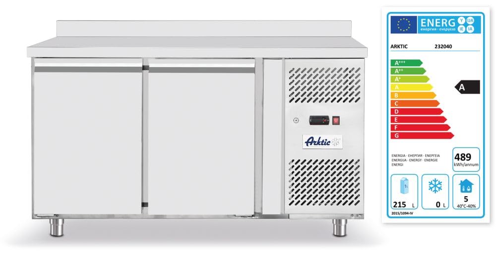 HENDI Mesa refrigerada Arktic de 2 puertas con 2 estantes ajustables para GN 1/1, -2/8°C, 280 L, descongelación automática, pantalla digital, 230V/250W, 1360x700x(H) 850 mm, acero inoxidable