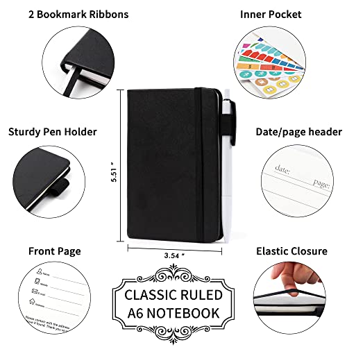3 Pack Pocket Notebook Journals With 3 Black Pens, Feela A6 Mini Cute Small Journal Notebook Bulk Hardcover College Ruled Notepad With Pen Holder For Office School Supplies, 3.5”X 5.5”, Black #TOP1