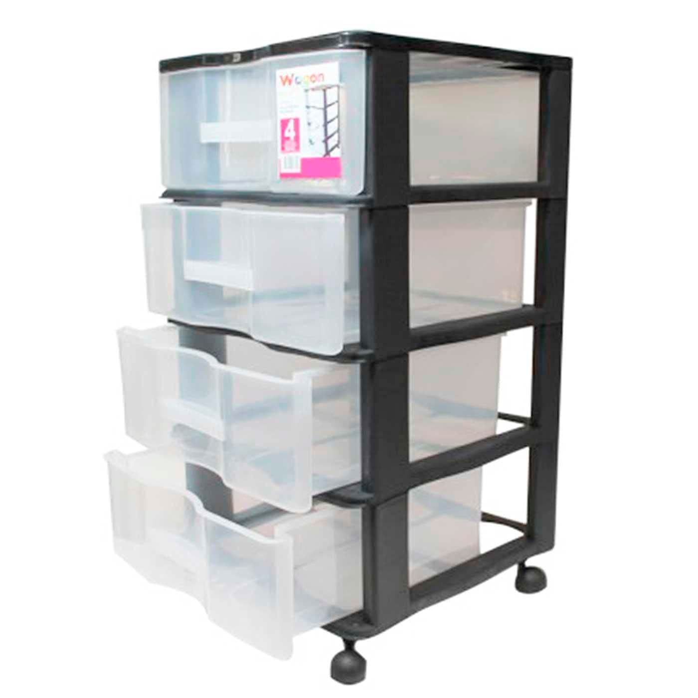 Cajonera Wagon de plástico negro 4 cajones con ruedas 68 x 38 x 39 cm