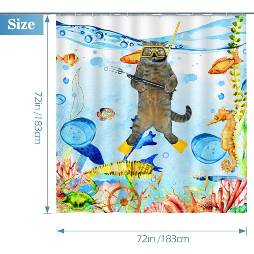 Image of Aimego Funny Cat Shower Curtains for Bathroom - Sea Ocean Animal Underwater Tropical Fish Coral Seahorse Fun Bath Shower Curtain Set with 12 Hooks for Adults Kids Bathroom Decor Accessories, 72 inchx72 inch