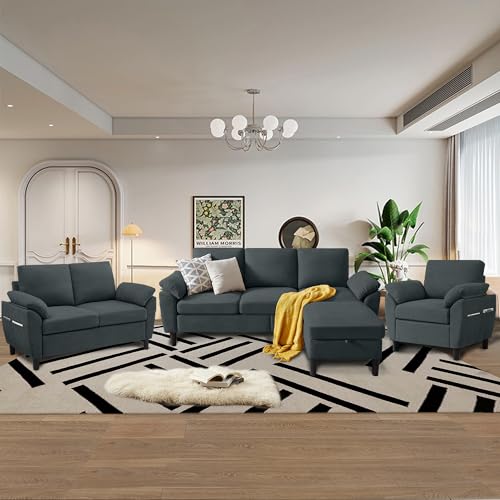 Chireca 4 Piece Convertible Sectional Sofa Set, Modern Linen Small L Shaped Couch with Reversible Chaise, 3-Seater Sofa & Loveseat & Armchair for Living Room, Office, Apartment, Dark Grey