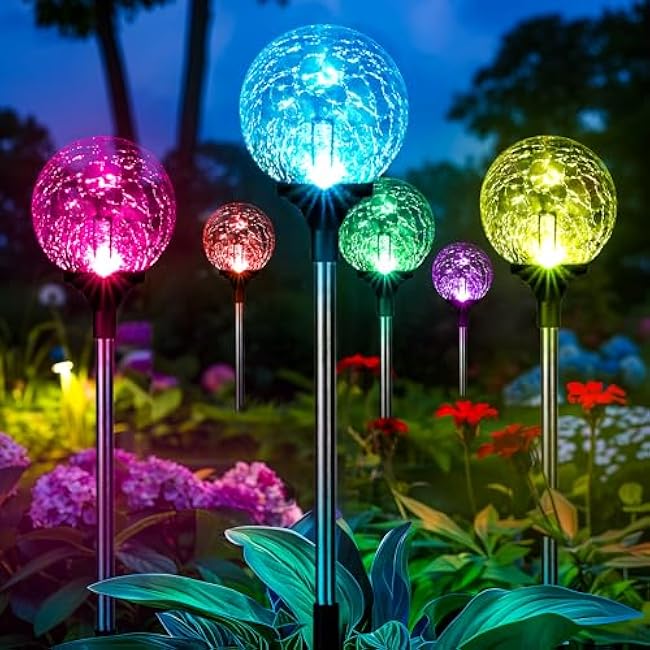 Gigalumi Solar Garden Lights 6 Pack, Solar Globe Lights Outdoor Waterproof, Solar Lights Outdoor Decorative for Yard, Multi-Colored Changing Garden Globes Cracked Glass Ball with LED Lights