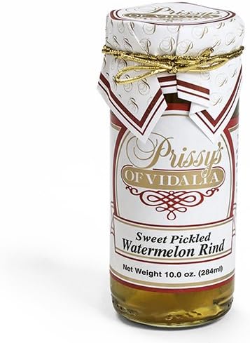 Cortezas de sandía en escabeche de Prissy, frasco de 10 oz | Sandía en escabeche del sur; hecha en Georgia; sin sabores artificiales; lado de barbacoa, cubierta de sándwich, guarnición de embutidos