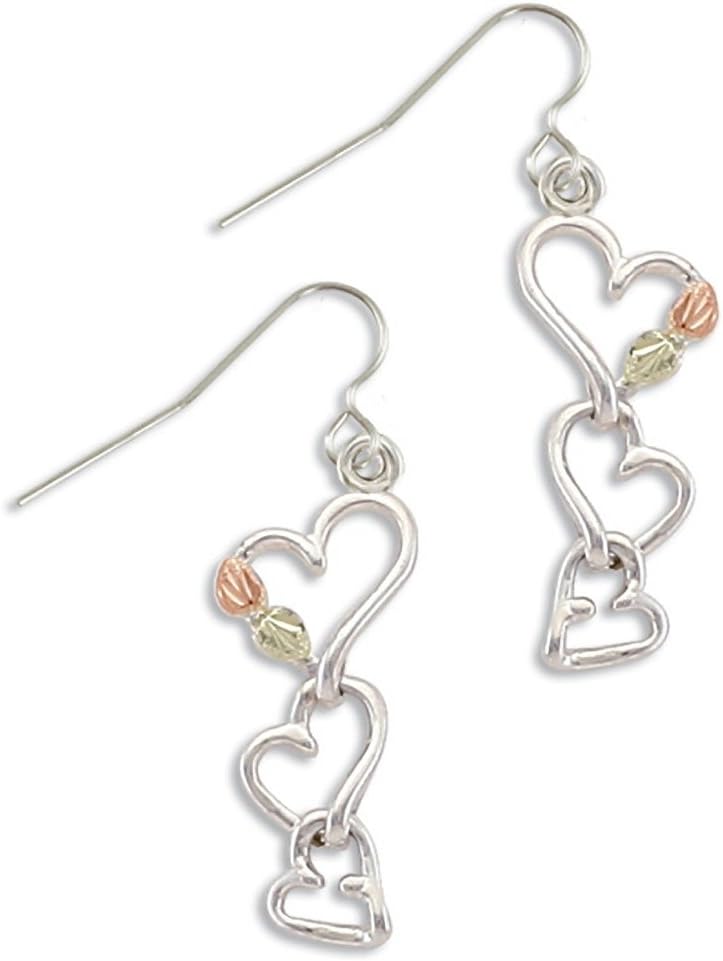 Black Hills Silver Heart Earrings, 12K Gold Leaves
