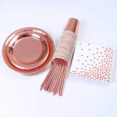 Aneco 146 Pieces Rose Gold Party Supplies Party Tableware Foil Paper Plates Napkins Cups Straws For Weddings, Anniversary, Birthday For 24 Guests #TOP6