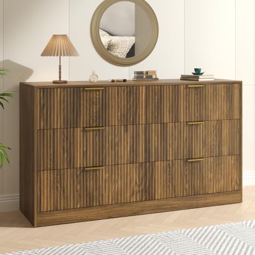 Image of Walnut Dresser for Bedroom, 6 Drawer Dresser with Smooth-Gliding Drawers