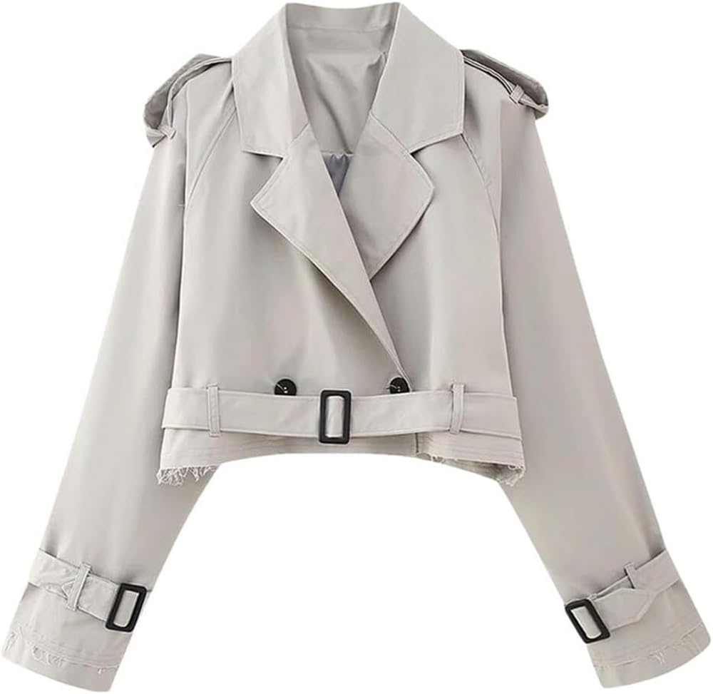 Women's Retro Trench Coat Lapel Long Sleeve Buttoned Belt Jacket Solid Color Lightweight Short Outerwear
