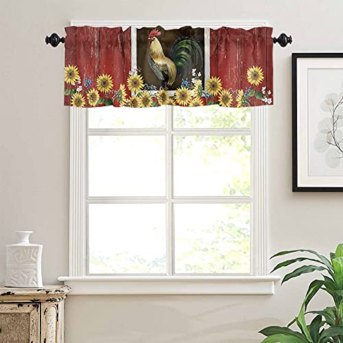 Rooster Curtain Valance For Windows Farmhouse Sunflower Rod Pocket Valance Window Treatments 1 Panel Rustic Farm Barn Short Curtains For Kitchen Windows Bathroom Bedroom 54 X 18 Inch #TOP2