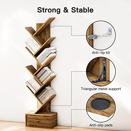 Pipishell Tree Bookshelf With Drawer, 8-Tier Vertical Bookshelf, Modern Bookcase, Book Shelf Organizer For Living Room, Bedroom, Home Office, Rustic Brown, Pibs03Wn #TOP4