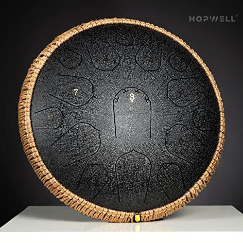 Image of Steel Tongue Drum - HOPWELL 15 Note 14 Inch Tongue Drum - Hang Drum Instrument - Hand Pan Drums with Music Book, Steel Handpan Drum Mallets and Carry Bag, D Major (Black)