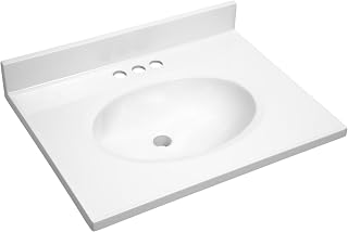 Design House 25 Inch Cultured Marble Vanity Top Oval Sink 4in Backsplash White Stain-Resistant Pre-Drilled Centerset
