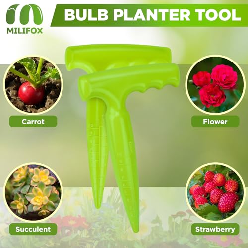 Milifox 2 Pcs Dibbler Gardening Tool with Measurements - 6.9 inch Plastic Bulb Planting Tools with Handle - Seed Dibber for Planting Bulbs,Digging,Gardening(Light Green)