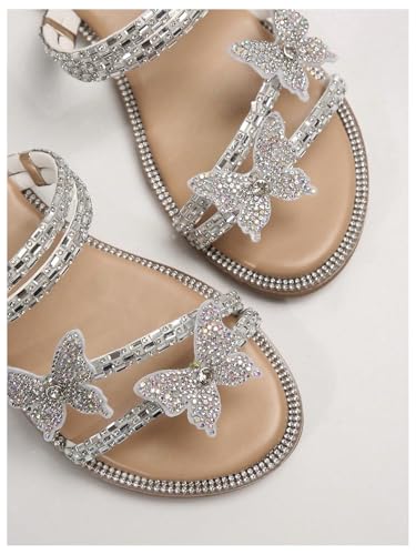 Image of OYOANGLE Women's Silver Rhinestone Sandals Sparkly Dressy Flat Sandals