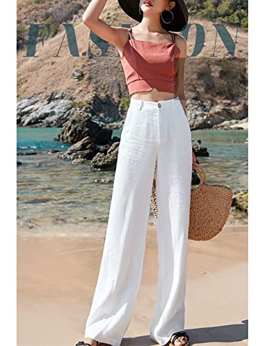 Hooever Womens Cotton Linen Pants Casual Button Up High Waisted Wide Leg Trousers(Hite-L) White #TOP2