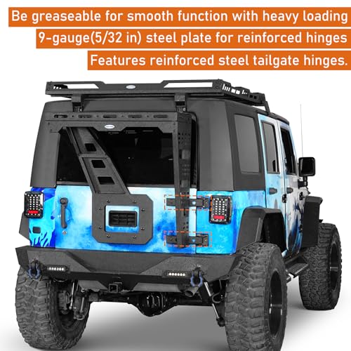 Image of Hooke Road JK Spare Tire Cargo Basket Rack for 2007-2018 Jeep Wrangler JK & Unlimited 2 /4 Doors, Rear Steel Storage Tray Luggage Carrier with Reinforced Tailgate Hinge Kit