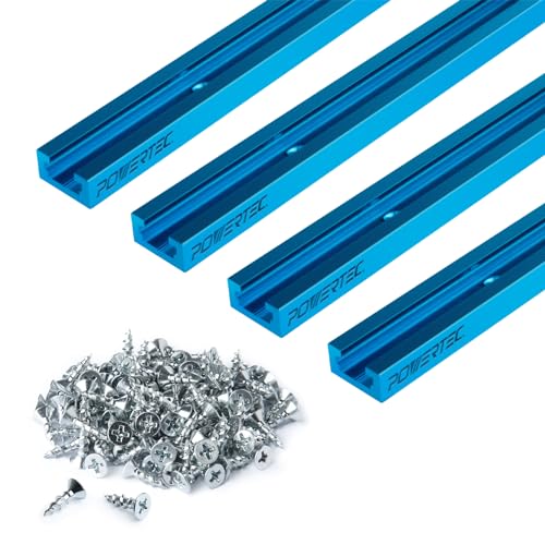 POWERTEC 71949 24 Double-Cut Profile Universal T-Track with Predrilled Mounting Holes 4 Pack, and 100 PCS #6 X 1/2 Wood Screw Set, Phillips Flat Head Deep Thread Screws