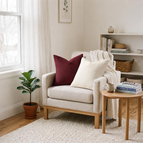 Image of Mecatny Corduroy Fall Decorative Throw Pillow Covers 24x24 Set of 2 for Sofa Living Room, Soft Neutral Boho Couch Pillow Covers for Home Decor, Burgundy