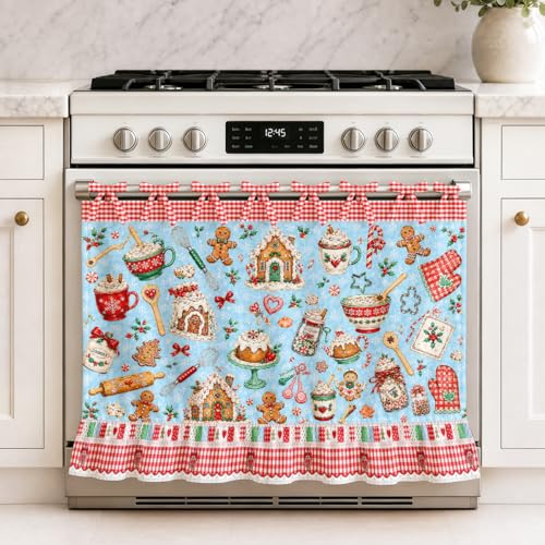 XYSCSJ Christmas Baking Oven Skirts Vintage Gingerbread Hot Cocoa Farmhouse Tie Top Oven Curtain for Door Decorative Stove Cover Dishwasher Cover for Cottage Kitchen Decor