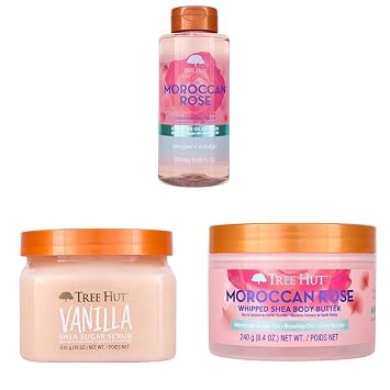 Tree Hut Moroccan Rose & Vanilla Exfoliating Body Care Set, Sugar Scrubs + Whipped Body Butter, 3-Piece Routine
