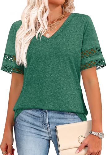 Plus Size Spring Clothes for Women Summer Tops Trendy V Neck Tshirts Lace Short Sleeve St. Patrick Peasant Blouses Fashion Clothing Green 2XL