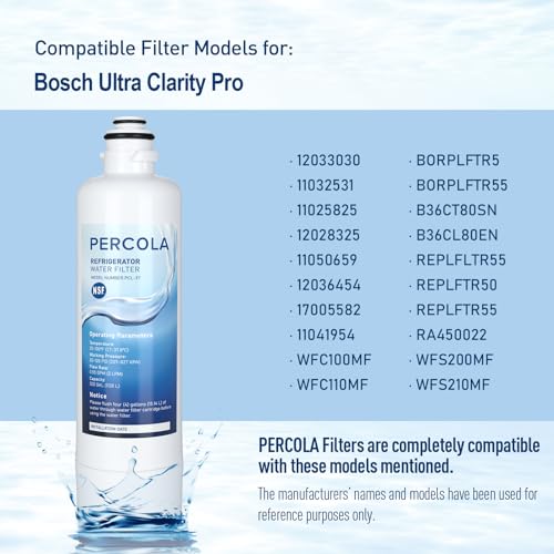 Image of 12033030 Refrigerator Water Filter, Replacement for Bosch Ultra Clarity Pro BORPLFTR50, 11032531, 11025825, 12028325, BORPLFTR55, WFC100MF, WFS200MF, B36CT80SNS, B36CL80ENS (White, 3 Pack)