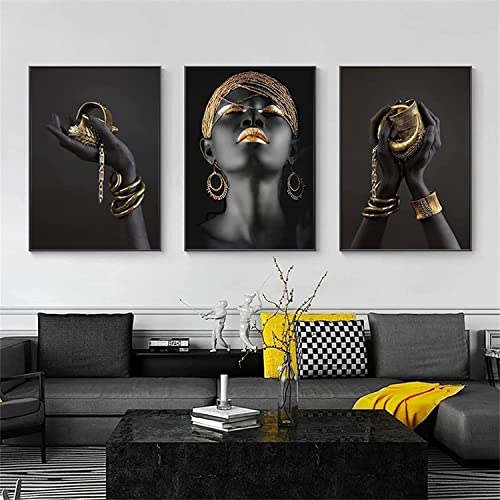 Juego de 3 cuadros modernos en lienzo dorado y negro para mujer, sala de estar africana, mujer, dormitorio, decoración (60 x 90 cm x 3)
