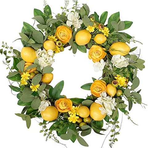 Bibelot 20 inch Artificial Lemon Wreath for Front Door Yellow Peony White Hydrangea Green Leaves Wreath with Big Berries Wreath Grapevine Wreath Spring Summer Wreath for Wall Window Party Decor Cover