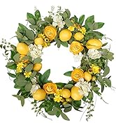 Bibelot 20 inch Artificial Lemon Wreath for Front Door Yellow Peony White Hydrangea Green Leaves ...