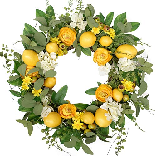 Bibelot 20 inch Artificial Lemon Wreath for Front Door Yellow Peony White Hydrangea Green Leaves Wreath with Big Berries Grapevine Spring Summer for Wall Window Party Decor