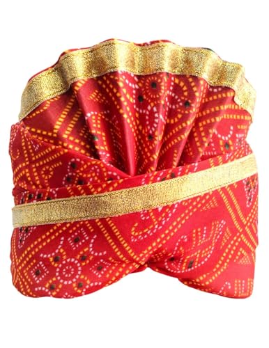 Image of BookMyCostume Traditional Rajasthani Safa & Barati Pagdi Collection - Pre-Stitched Ethnic Turbans, Bandhani /Leheriya Headwear For Weddings, Cultural Folk Dance & Festival Pagdi for Adults