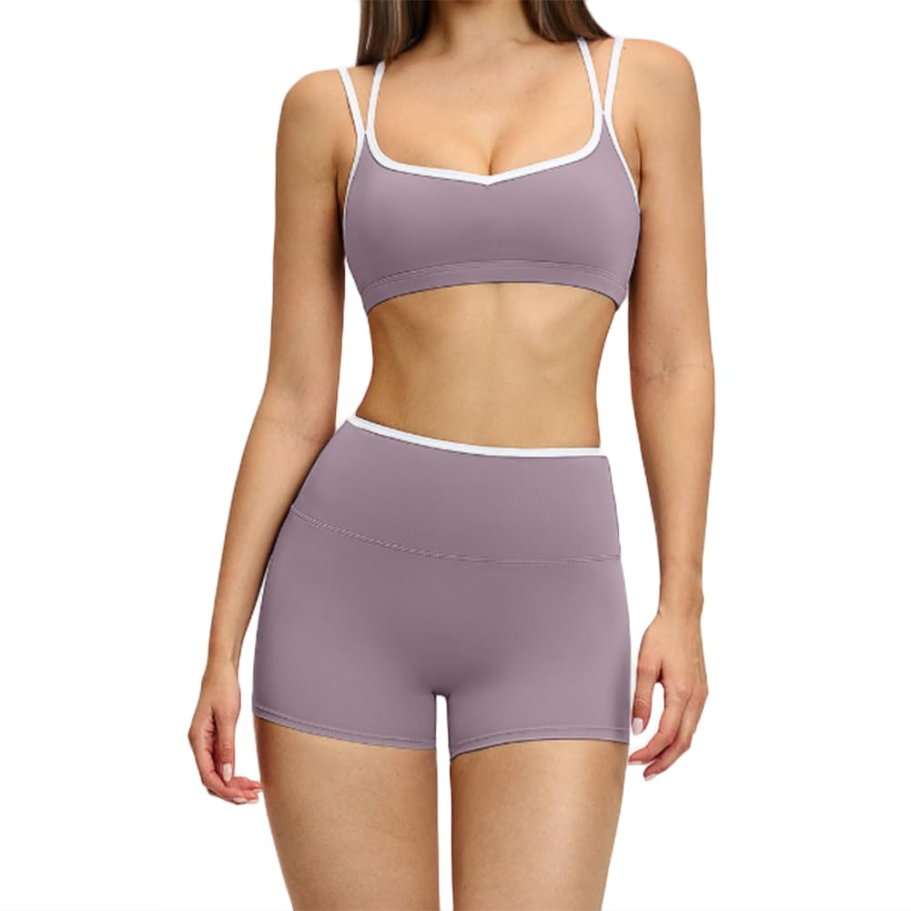 JPXJGT Sports Running Fitness Two-Piece Set Double-Sided Sanding Contrast Tight Breathable Cross Yoga Shorts (Size:S,Color:Light purple)