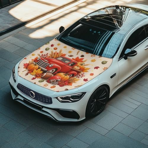 Image of Renewold Fall Football Car Hood Cover,Vehicle Hood Wrap Blanket, for Sedan | Women Men Automotive Exterior Accessories, Easy Install Auto Decor for Football Season Party Holiday, Red Truck Pumpkin