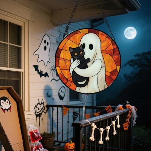 Image of Stained Glass Window Hanging - Halloween Decorations White Ghost Black Cat Suncatcher for Doors Garden Spooky Funny Orange Sun Catchers Gothic Decor Horror Gifts for Women Men Friend 9.8 in