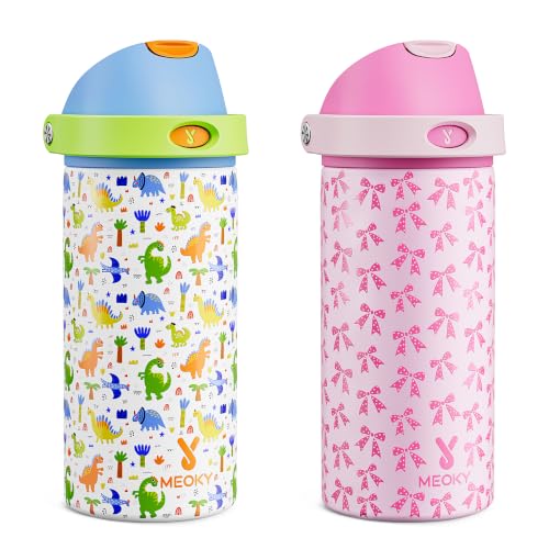 Image of Meoky 2 Pack 18 oz Insulated Stainledss Steel Water Bottles for Boys Girls | 2-in-1 Straw and Spout Lid, Leak Proof, Fits in Car Cup Holder, BPA-Free for School Gym Travel, Dinosaur Party & Pink Bows