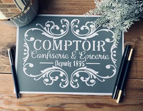 Pochoir Adhésif en PVC, Style Vintage, Affiche Comptoir Epicerie Ancienne, 30 x 20 cm, Pour Cuisine et Décoration. Multi-supports, Rénovation meuble,...