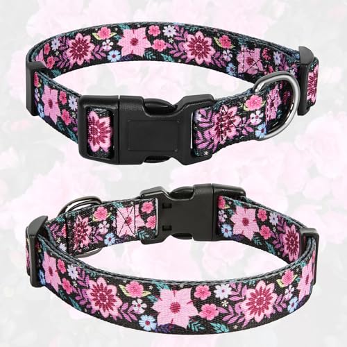 Image of HEELE Dog Collar, Adjustable Soft Dog Collar for Small Medium Large Dogs,Floral Patterned Puppy Collars with Quick Release Buckle Galsang Black S Length 9.84''-14.96'