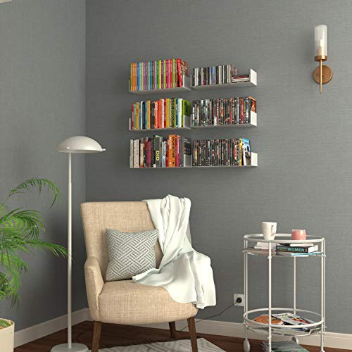 Image of Wallniture Bali White U Shape Floating Shelves for Wall, CD DVD Storage Shelves and Metal Bookshelf Set of 6